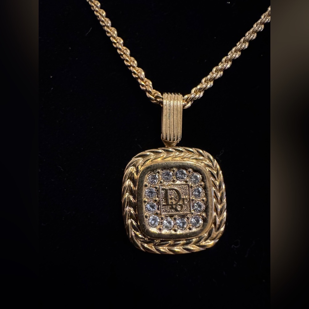 Christian Dior Logo Gold Tone “Dior” with Rhinestone Pendant Necklace